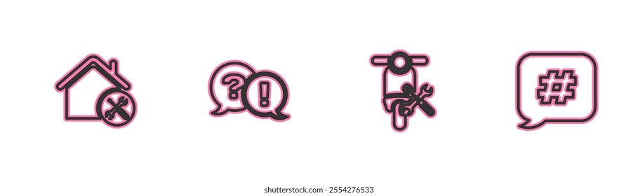 Set line House service, Scooter, Question and Exclamation and Hashtag speech bubble icon. Vector