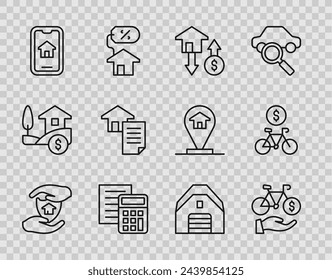 Set line House with shield, Bicycle rental mobile app, dollar, Calculator, Online real estate, contract, Garage and  icon. Vector