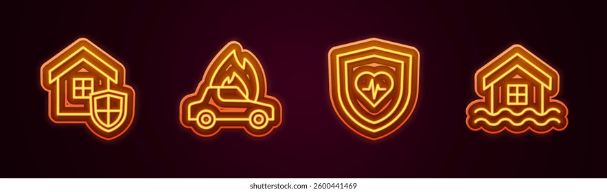 Set line House with shield, Burning car, Life insurance and flood. Glowing neon icon. Vector