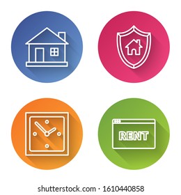 Set line House, House with shield, Clock and Hanging sign with text Online Rent. Color circle button. Vector