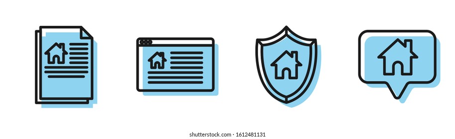 Set line House with shield, House contract, Hanging sign with text Online Sale and Map pointer with house icon. Vector