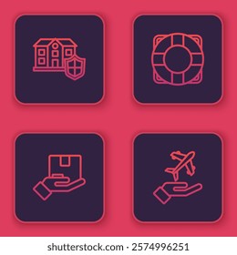 Set line House with shield, Delivery insurance, Lifebuoy and Plane hand. Blue square button. Vector