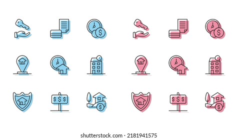 Set line House with shield, dollar, key, Time is money, Location house and Credit card icon. Vector
