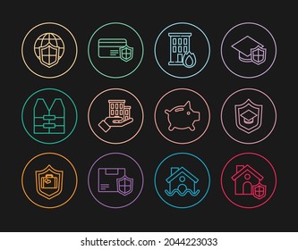 Set line House with shield, Graduation cap, Fire in burning house, insurance, Life jacket, Shield world globe, Piggy bank and Credit card icon. Vector