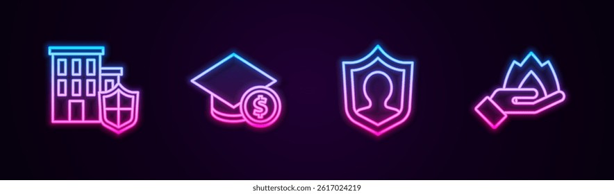 Set line House with shield, Graduation cap and coin, Life insurance and Hand holding fire. Glowing neon icon. Vector