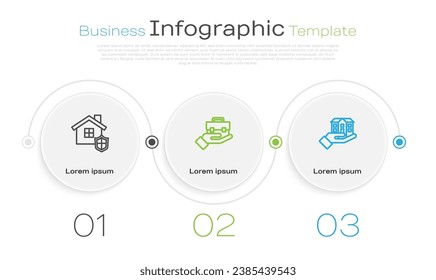 Set line House with shield, Hand holding briefcase and hand. Business infographic template. Vector