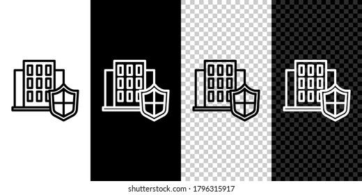 Stell die Linie House mit Schild Symbol einzeln auf schwarz-weißem Hintergrund. Versicherungskonzept. Sicherheit, Sicherheit, Schutz, Schutzkonzept. Vektorgrafik.