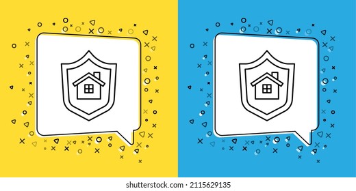 Establecer la línea House con el icono de escudo aislado en fondo amarillo y azul. Concepto de seguro. Seguridad, seguridad, protección, concepto de protección.  Vector