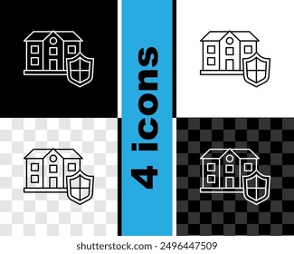 Set line House with shield icon isolated on black and white, transparent background. Insurance concept. Security, safety, protection, protect concept.  Vector