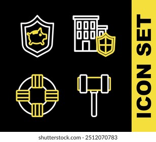 Set line House with shield, Judge gavel, Lifebuoy and Piggy bank icon. Vector