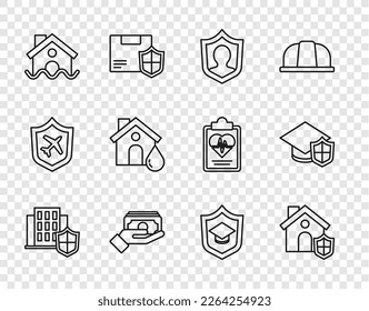 Set line House with shield, Life insurance, Stacks paper money cash, flood, Graduation cap and  icon. Vector