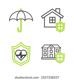 Set line House with shield, Life insurance,  and Umbrella icon. Vector