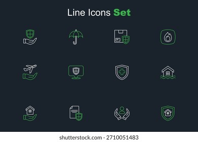 Set line Casa con escudo, seguro de vida, contrato, mano, inundación, Locación e icono de avión. Vector