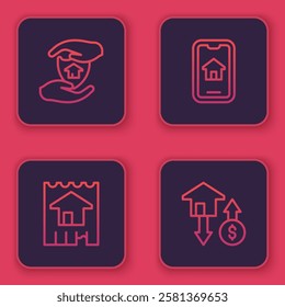 Set line House with shield, Online real estate and dollar. Blue square button. Vector