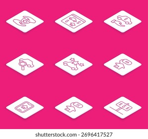 Set line House with shield, Online real estate, Car rental, sharing, dollar,  and percant icon. Vector