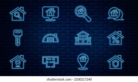 Set line House with shield, percant discount, Search house, Warehouse, key,  and Location icon. Vector