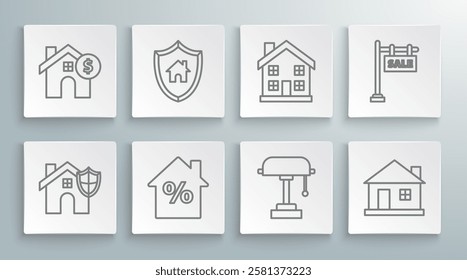 Set line House with shield, percant discount tag, Table lamp, Home symbol, Hanging sign text Sale and dollar icon. Vector