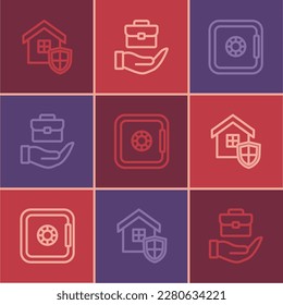 Set line House with shield, Safe and Hand holding briefcase icon. Vector