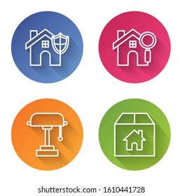 Set line House with shield, Search house, Table lamp and Cardboard box with house. Color circle button. Vector
