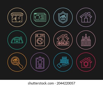 Set line House with shield, Skyscraper, Washer, Warehouse, Market store, Hanging sign text Sold and Online real estate icon. Vector