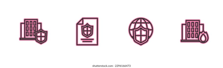 Set line House with shield, Shield world globe, Contract and Fire in burning house icon. Vector