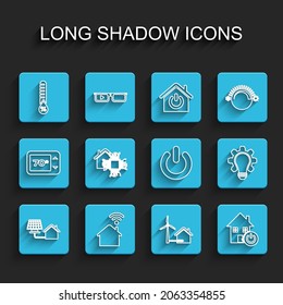 Set line House with solar panel, Smart home wi-fi, Humidity, wind turbine, Light bulb and gear and Power button icon. Vector