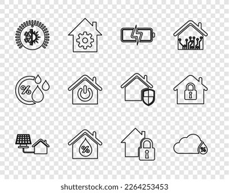 Set line House with solar panel, Humidity, Battery, humidity, Thermostat, Smart home, under protection and  icon. Vector