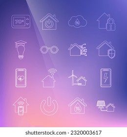 Set line House with solar panel, Mobile charging battery, under protection, Humidity, Glasses, Light bulb and graduation cap, Thermostat and Smart home icon. Vector