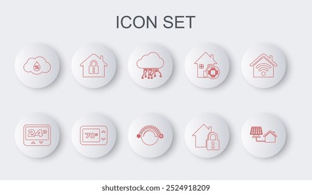 Set line Casa con panel solar, Termostato, Internet de las cosas, bajo protección, Humedad, e icono. Vector