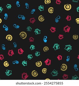 Set line House with solar panel, temperature, Thermostat and Smart home on seamless pattern. Vector
