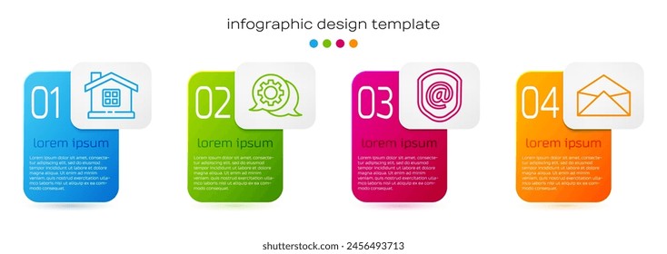 Set line House, Speech bubble chat, Shield with mail and e-mail and Envelope. Business infographic template. Vector