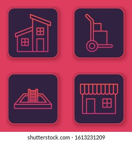 Set line House, Swimming pool with ladder, Hand truck and boxes and Shopping building or market store. Blue square button. Vector