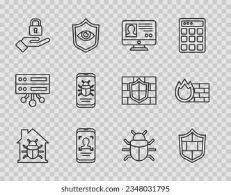 Set line House system bug, Shield with brick wall, Create account screen, Mobile and face recognition, Lock in hand, System mobile,  and Firewall, security icon. Vector
