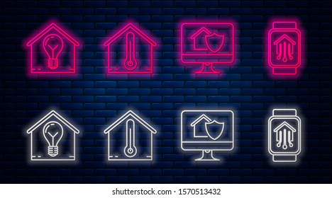 Set line House temperature, Computer monitor with house under protection, Smart house and light bulb and Smart home with smart watch. Glowing neon icon on brick wall. Vector