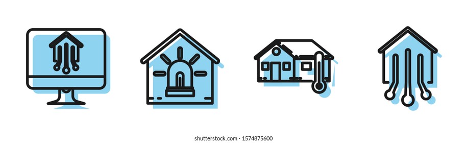 Set line House temperature, Computer monitor with smart home, Smart house and alarm and Smart home icon. Vector
