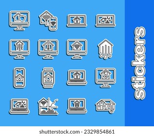 Set line House temperature, Computer monitor with smart house and light bulb, Smart home, Laptop, under protection and wi-fi icon. Vector