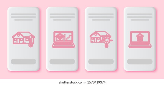 Set line House temperature, Laptop with smart home with wi-fi, Smart house and light bulb and Laptop with smart home. White rectangle button. Vector