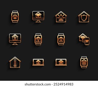 Ajuste la temperatura de la casa, computadora portátil con casa inteligente y bombilla, alarma de reloj inteligente, wi-fi casero e icono. Vector