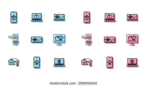 Set line House temperature, light bulb, Laptop home, wi-fi, Computer monitor, Digital door lock wireless technology for unlock and under protection icon. Vector