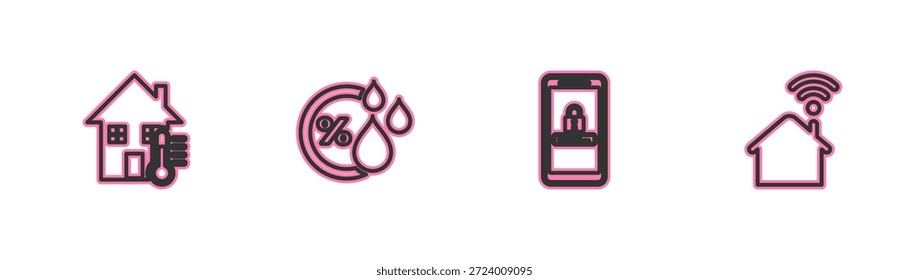 Set-line Haus Temperatur, Mobile und Passwort-Schutz, Luftfeuchtigkeit und Smart Home mit Wi-Fi-Symbol. Vektorgrafik