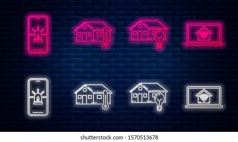 Set line House temperature, Smart house and light bulb, Mobile phone with smart house and alarm and Laptop with smart home with wi-fi. Glowing neon icon on brick wall. Vector