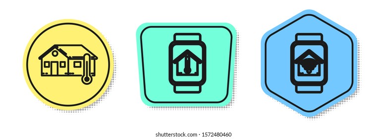 Set line House temperature, Smart watch with house temperature and Smart watch with smart home with wi-fi. Colored shapes. Vector