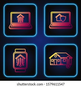 Set line House temperature, Smart home with smart watch, Laptop with smart home and Laptop with house under protection. Gradient color icons. Vector