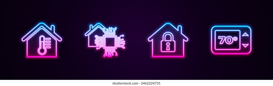 Set line House temperature, Smart home, under protection and Thermostat. Glowing neon icon. Vector
