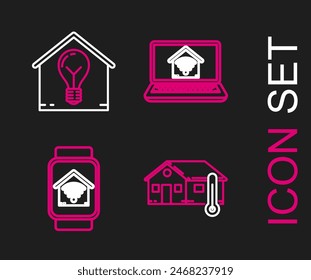 Fije la temperatura de la casa, reloj inteligente con hogar inteligente con wi-fi, portátil y la casa y el icono de la bombilla. Vector