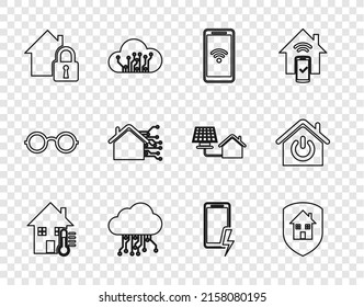 Set line House temperature, under protection, Mobile with wi-fi wireless, Internet of things, Smart home, charging battery and  icon. Vector
