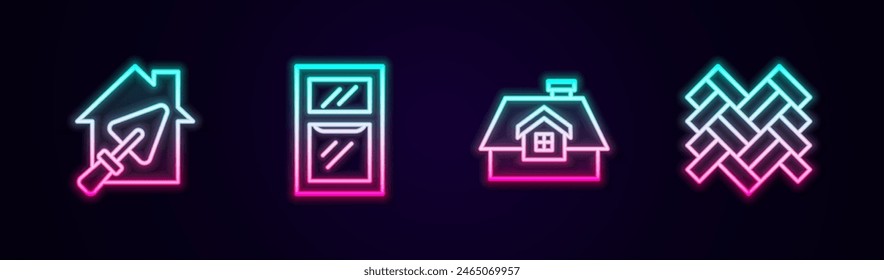 Set line Casa con pala, Ventana en habitación, y Parquet. Icono de neón brillante. Vector