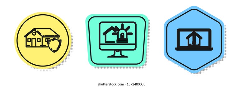 Set line House under protection, Computer monitor with smart house and alarm and Laptop with house temperature. Colored shapes. Vector