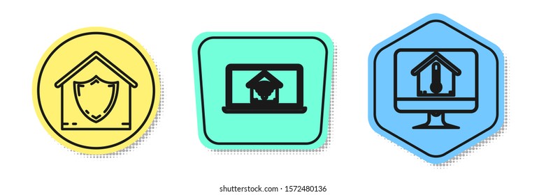 Set line House under protection, Laptop with smart home with wi-fi and Computer monitor with house temperature. Colored shapes. Vector