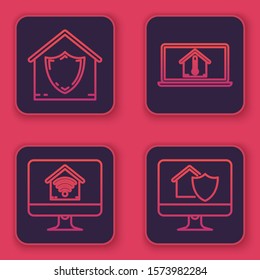 Set line House under protection, Computer monitor with smart home with wi-fi, Laptop with house temperature and Computer monitor with house under protection. Blue square button. Vector